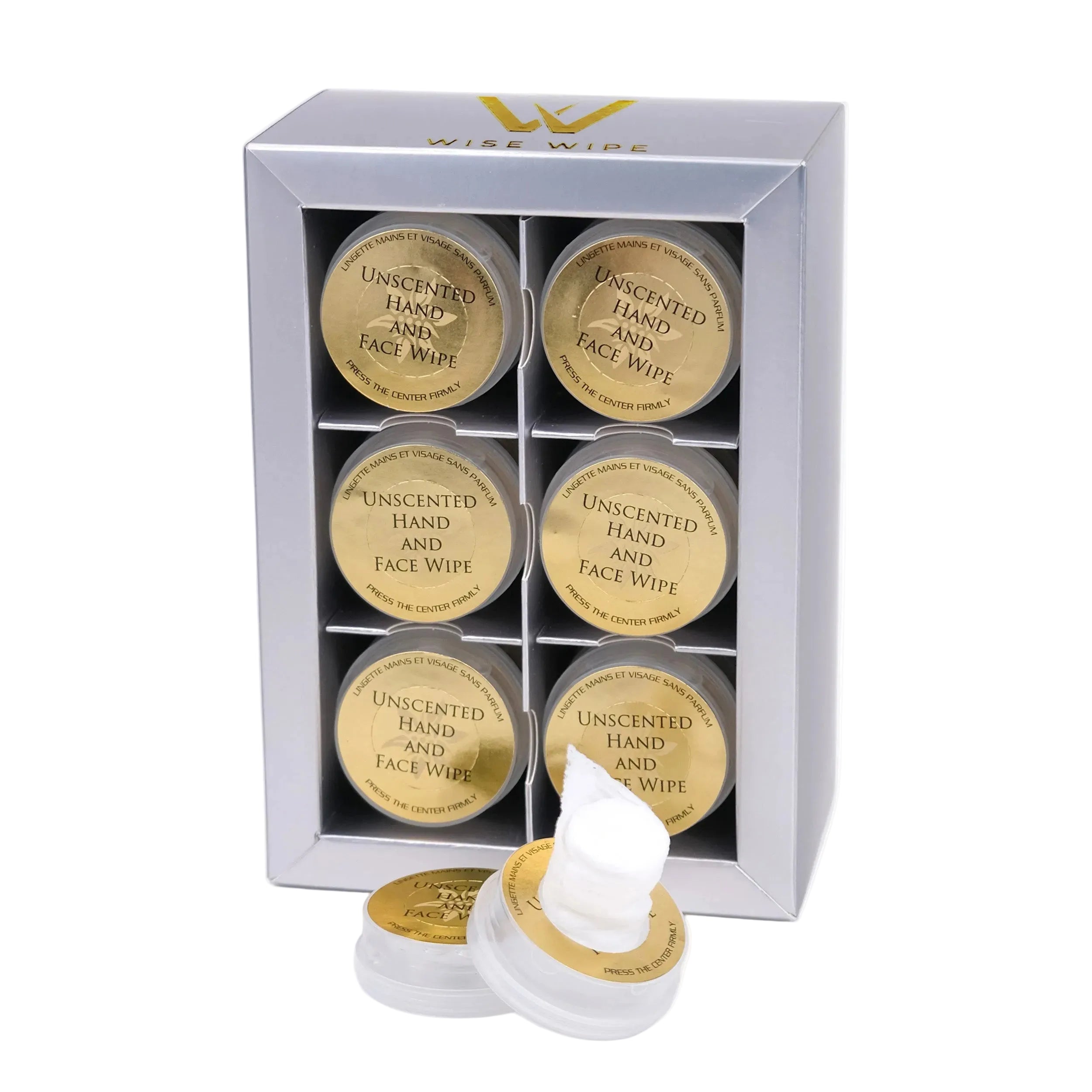 Set of unscented hand and face wipes in a white box with gold labels.