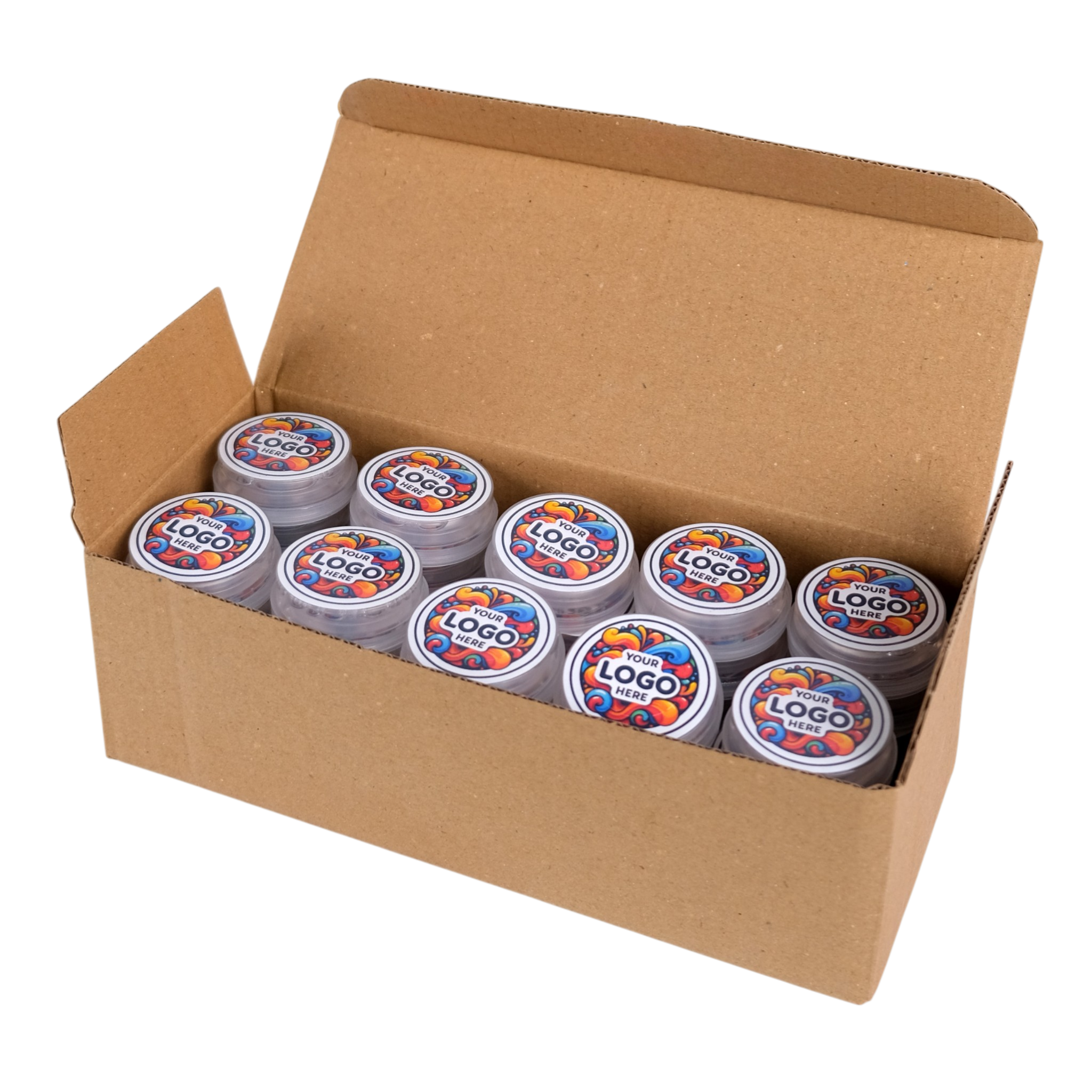 Box of containers with 'Logo' branding on a white background