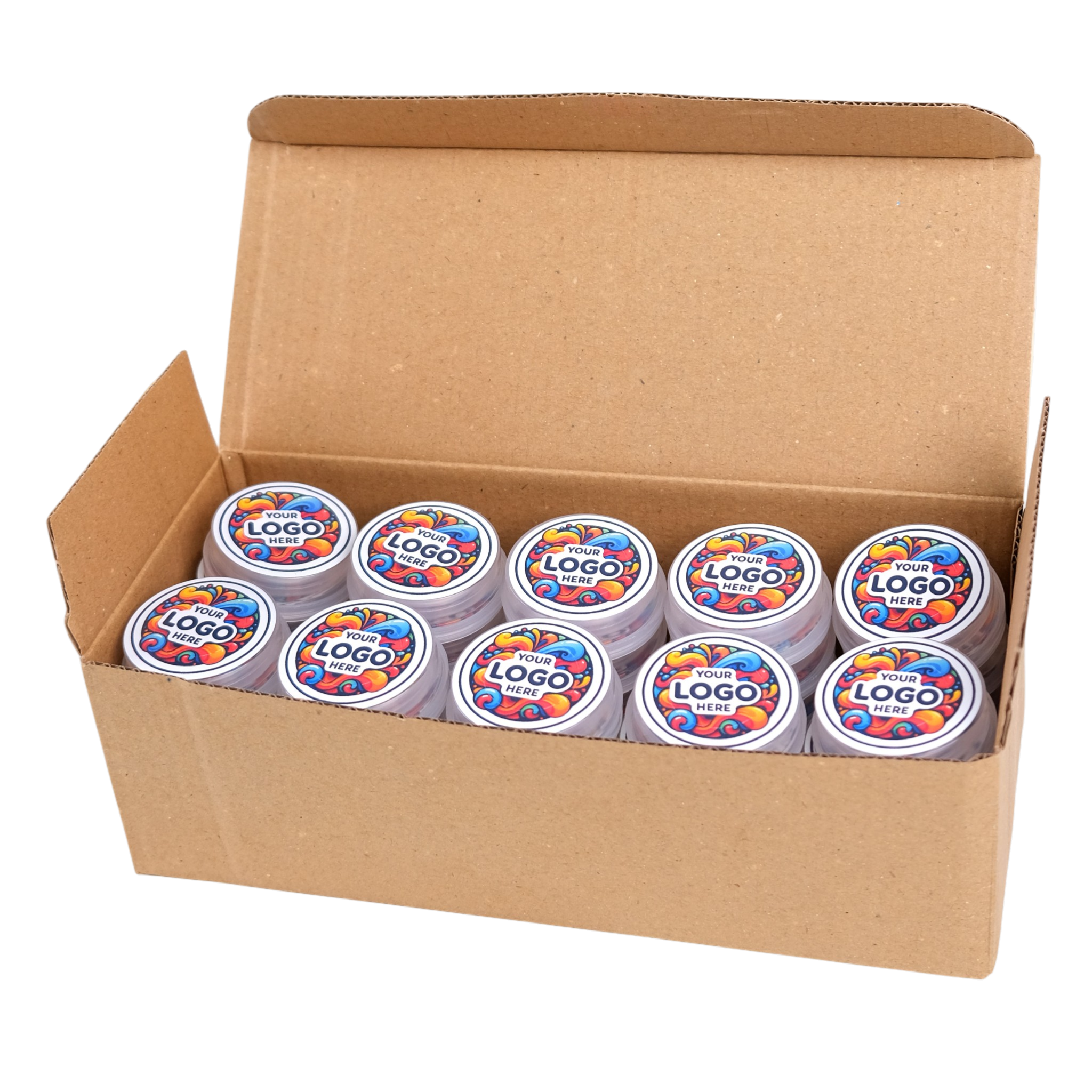 Box of containers with colorful labels on a white background