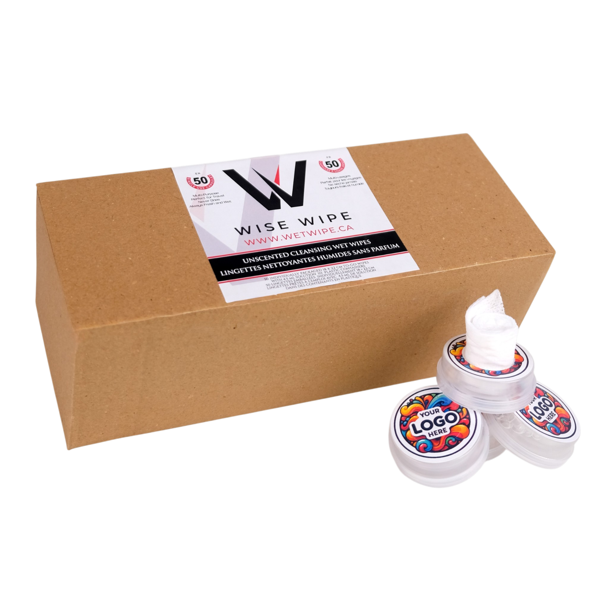 Box of Wise Wipe cleaning wipes with two individual wipes on a white background