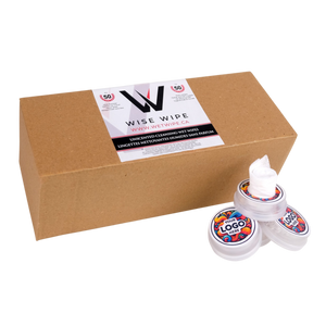 Box of Wise Wipe cleaning wipes with two individual wipes on a white background