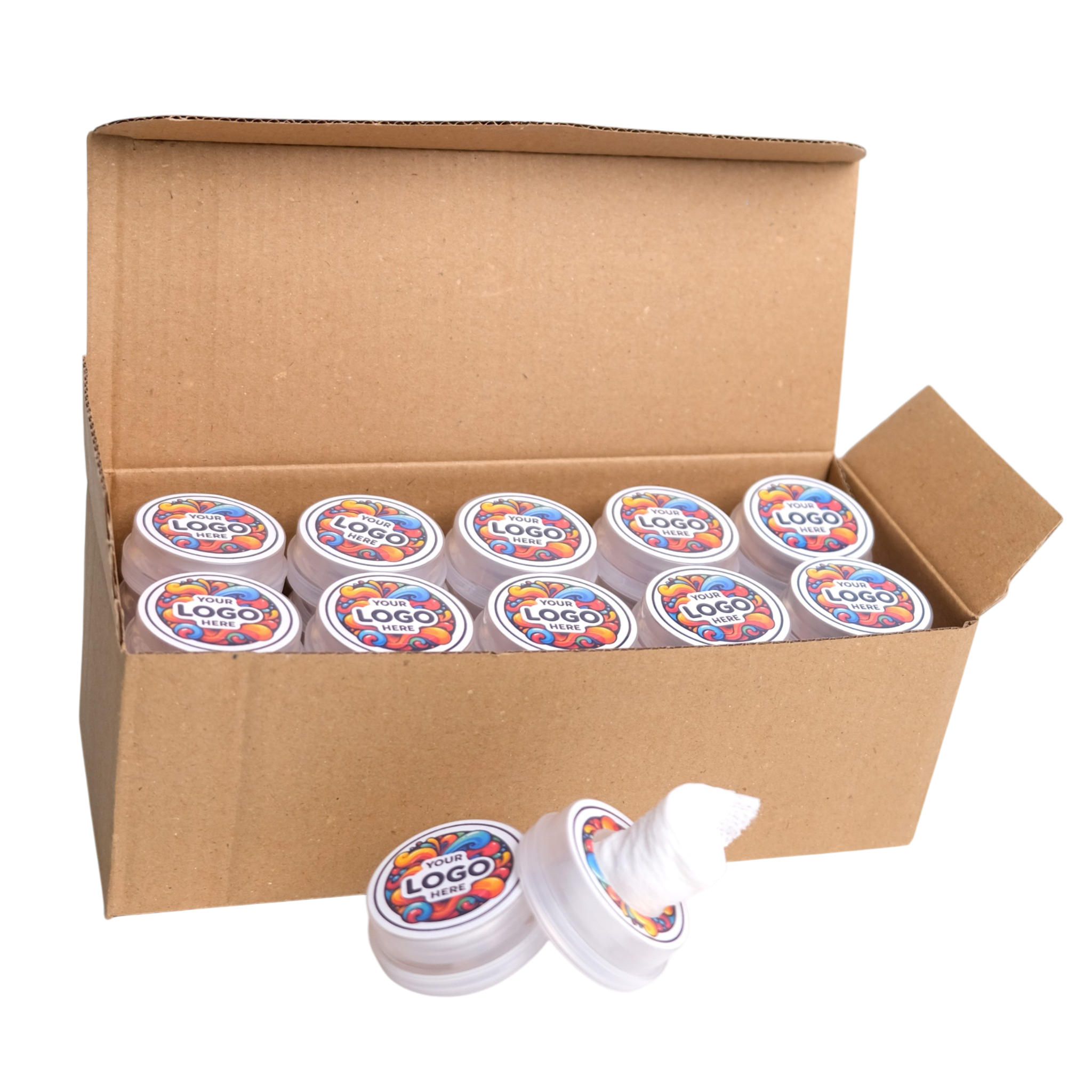 Cardboard box with multiple containers labeled 'Logo' on a white background