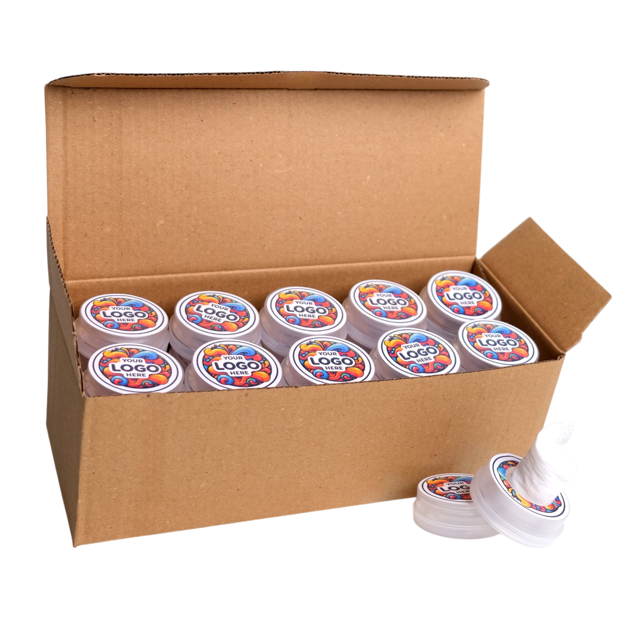Box of labeled rolls of tape on a white background
