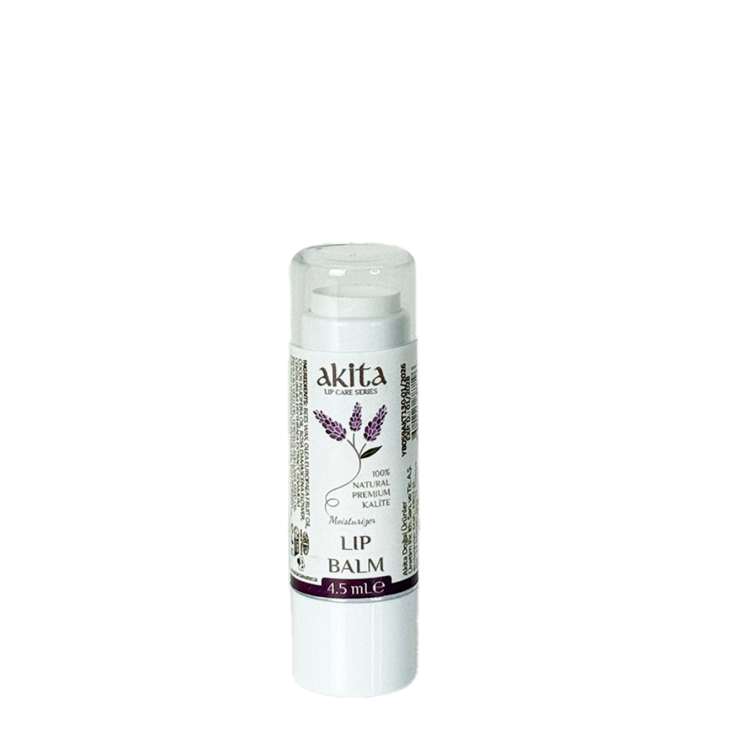 Lip balm with 'akita' branding on a white background