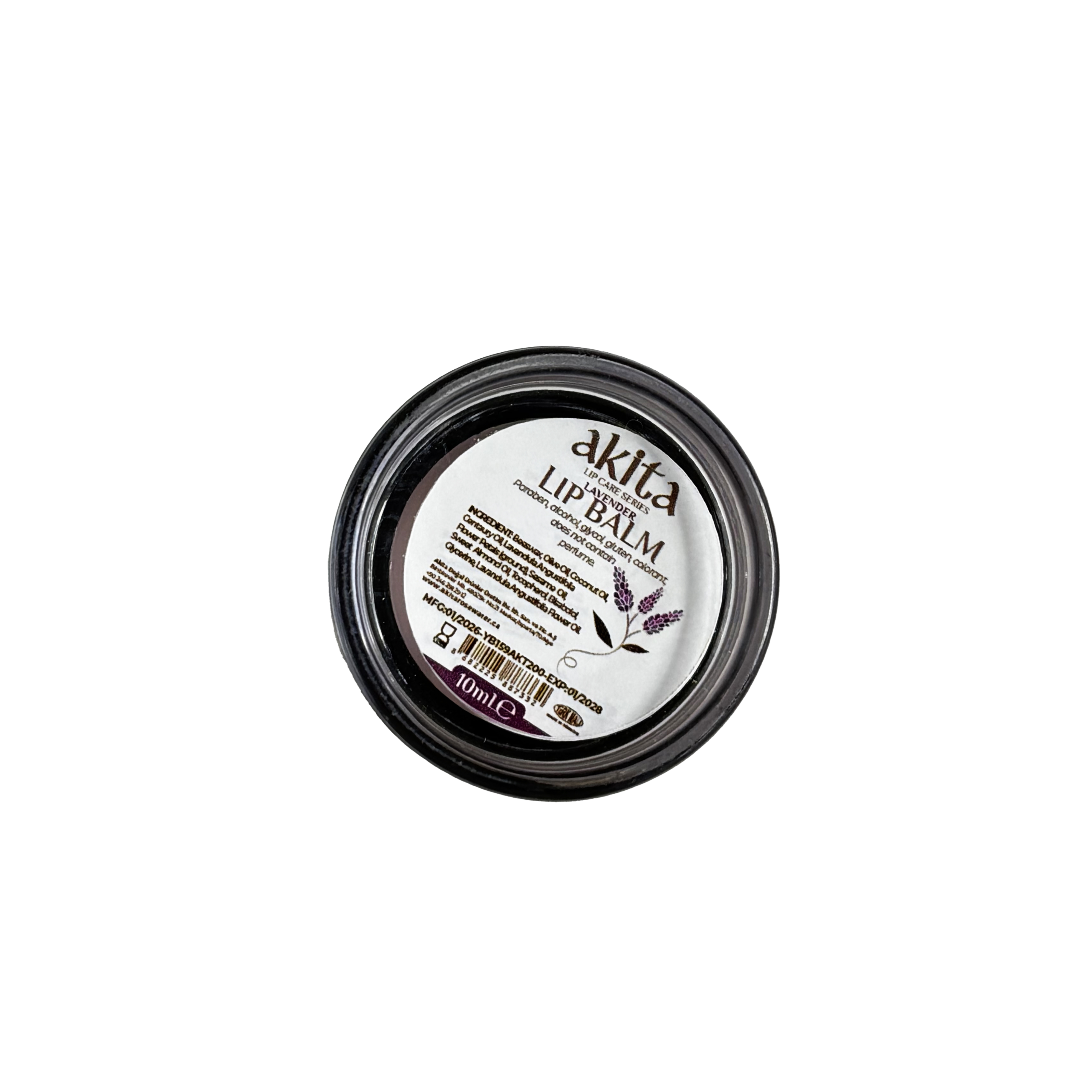 Lip balm container with visible brand label on a white background