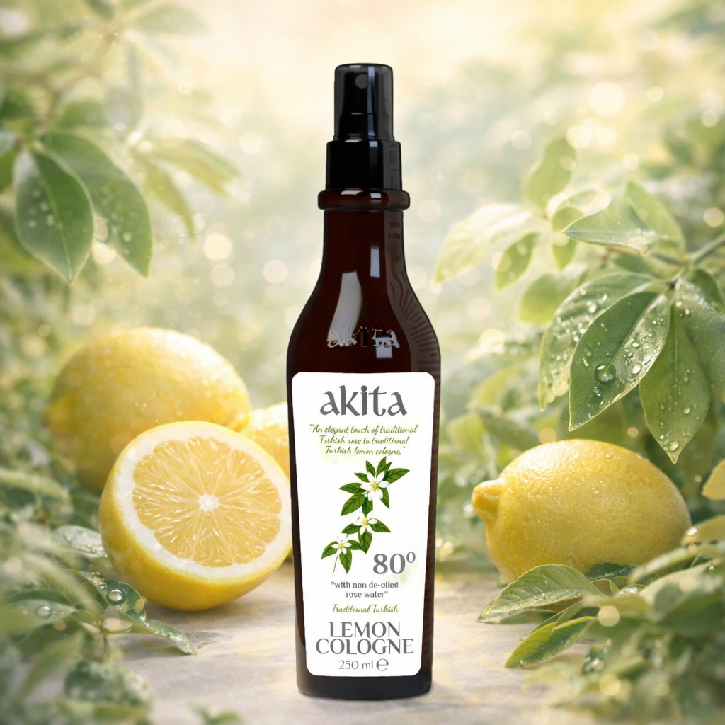 Bottle of akita Lemon Cologne with lemons and greenery in the background