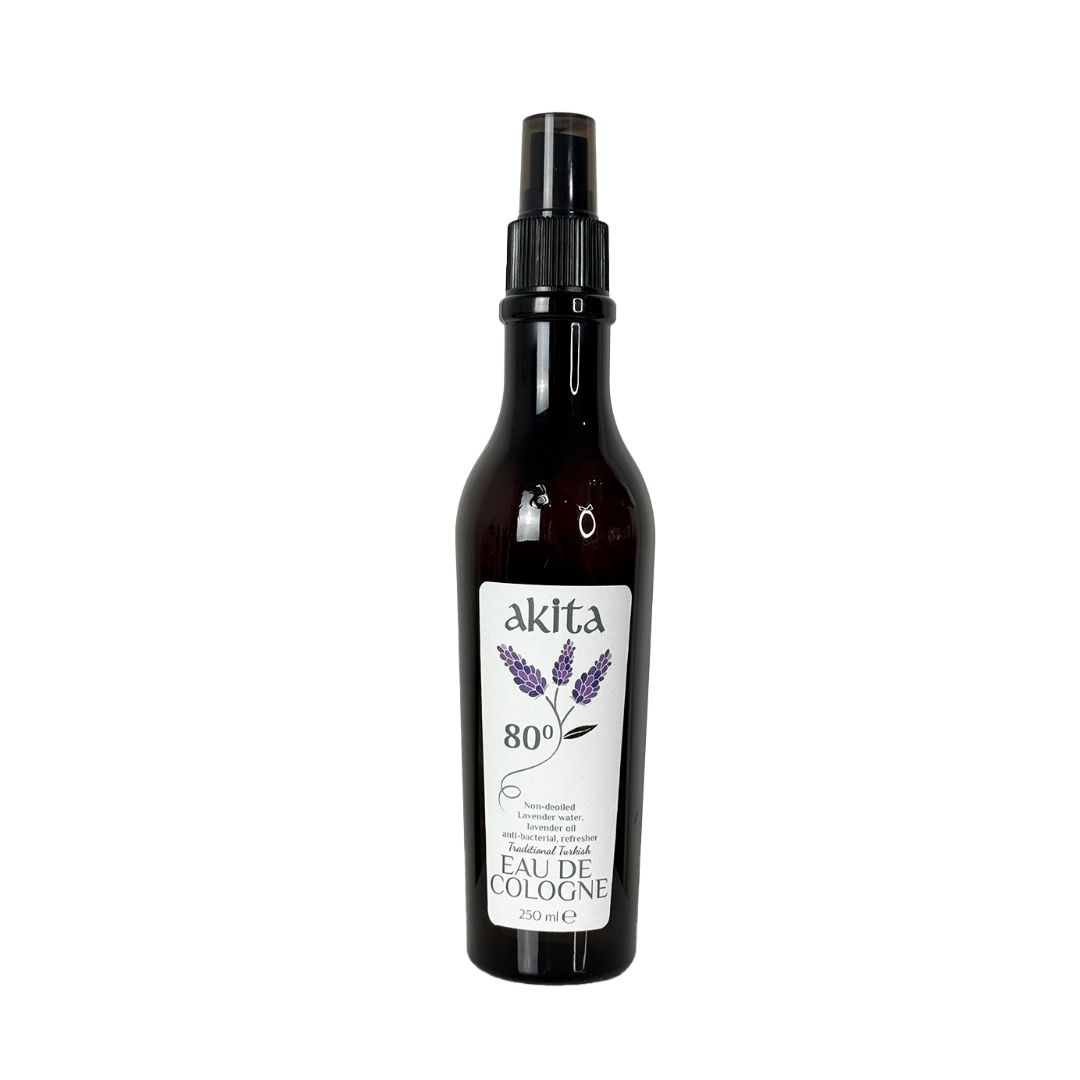 Black bottle of akita cologne with lavender design on a white background