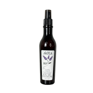 Black bottle of akita cologne with lavender design on a white background