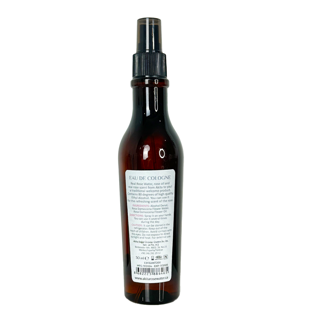 Dark brown cologne bottle with a label on a white background
