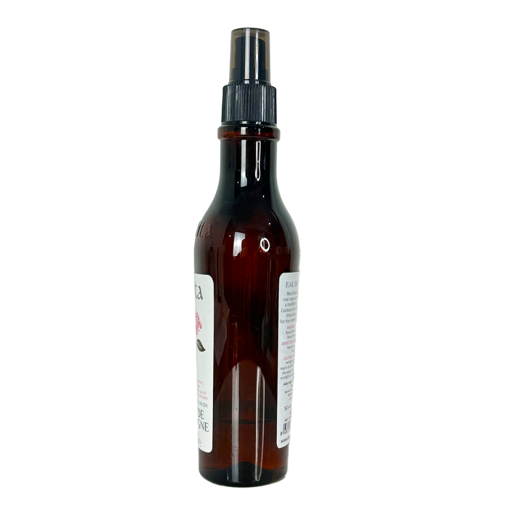 Brown spray bottle with a label on a white background