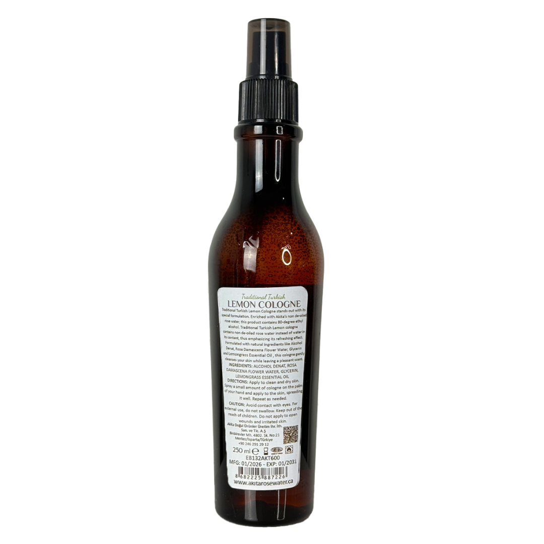 Brown spray bottle labeled 'Lemon Cologne' on a white background