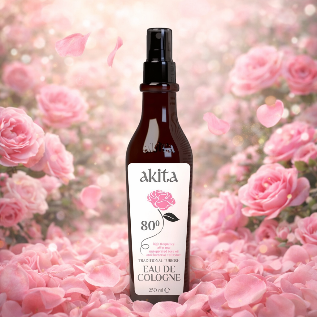 Bottle of akita cologne with pink roses in the background