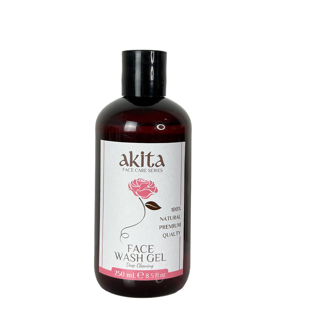Bottle of akita face wash gel with a label featuring a rose on a white background