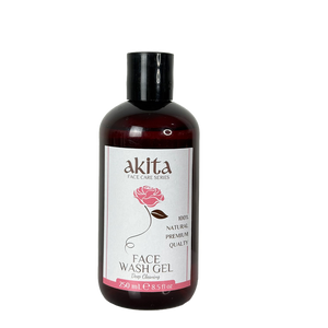 Bottle of akita face wash gel with a label featuring a rose on a white background