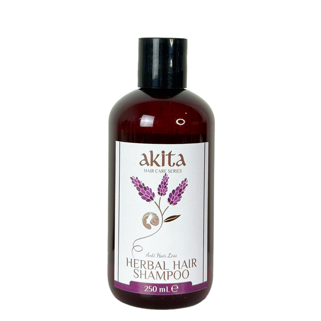 Bottle of akita herbal hair shampoo on a white background