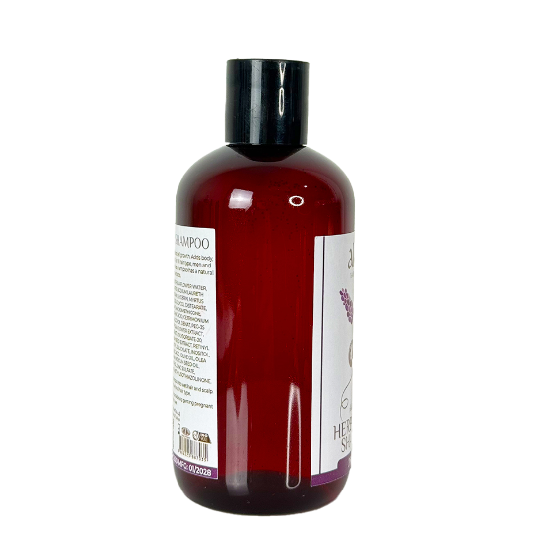 Bottle of shampoo with a label on a white background