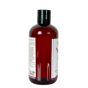 Bottle of shampoo with a label on a white background