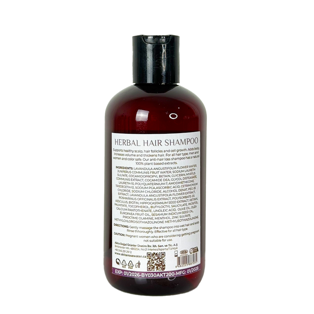Bottle of herbal hair shampoo on a white background