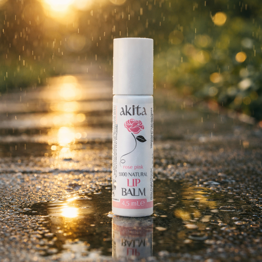 Lip balm with 'akita' branding on a reflective surface with a blurred natural background