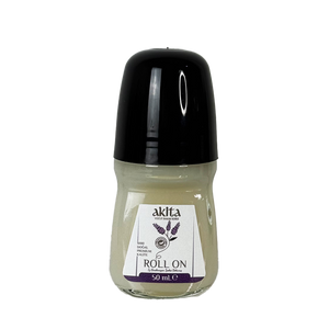 Roll-on bottle with black cap and visible label on a white background