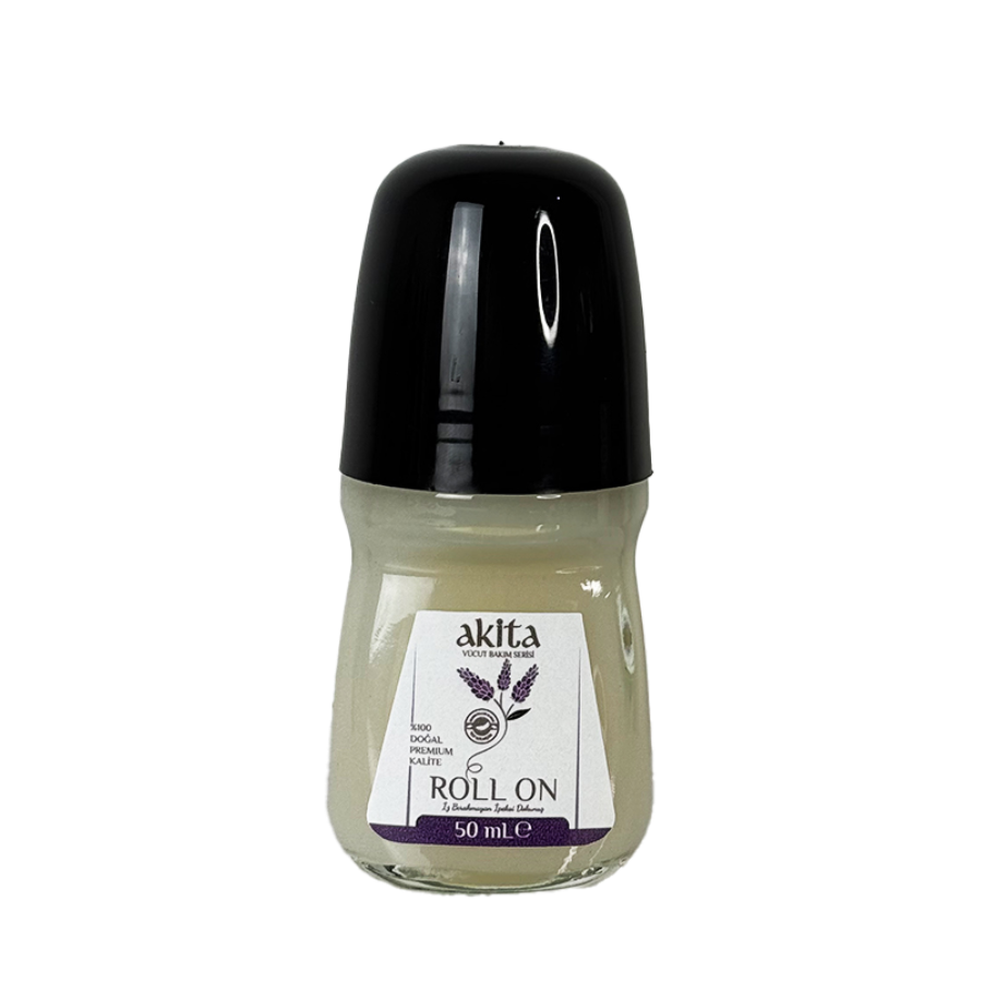 Roll-on bottle with black cap and visible label on a white background