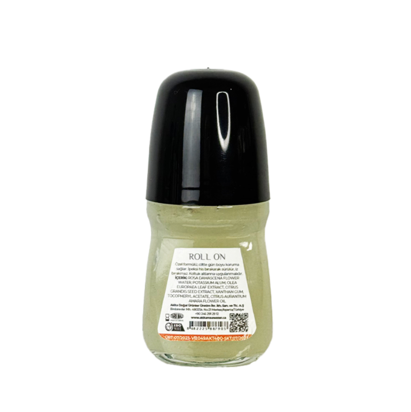 Roll-on bottle with black cap on a white background