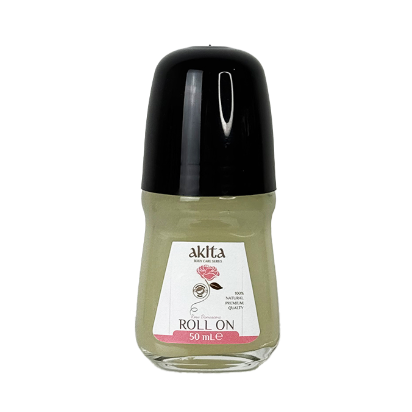 Roll-on bottle with black cap and white label on a white background