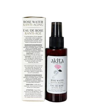 Akita rose water anti-aging product with packaging on a white background