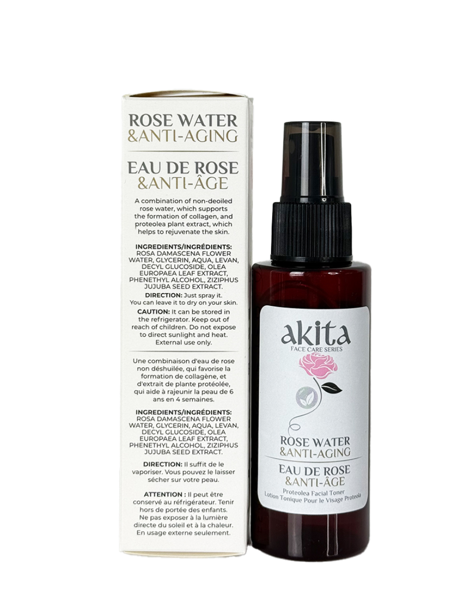 Akita rose water anti-aging product with packaging on a white background