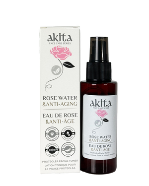 Akita rose water and anti-aging product with packaging on a white background