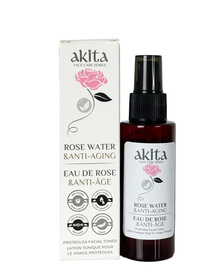 Akita rose water and anti-aging product with packaging on a white background