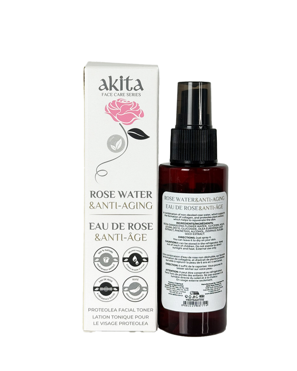 Akita rose water & anti-aging product with packaging on a white background