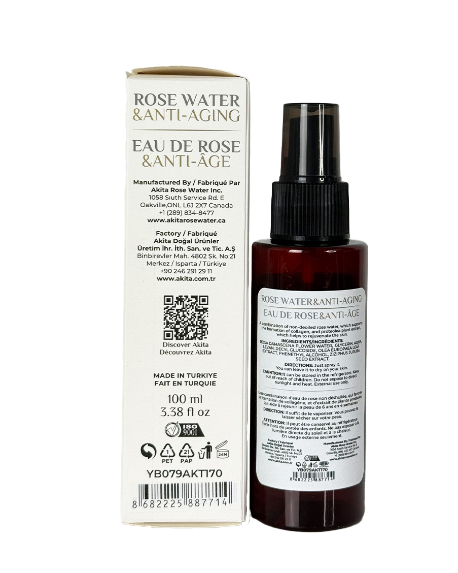 Rose water and anti-aging product with packaging on a white background