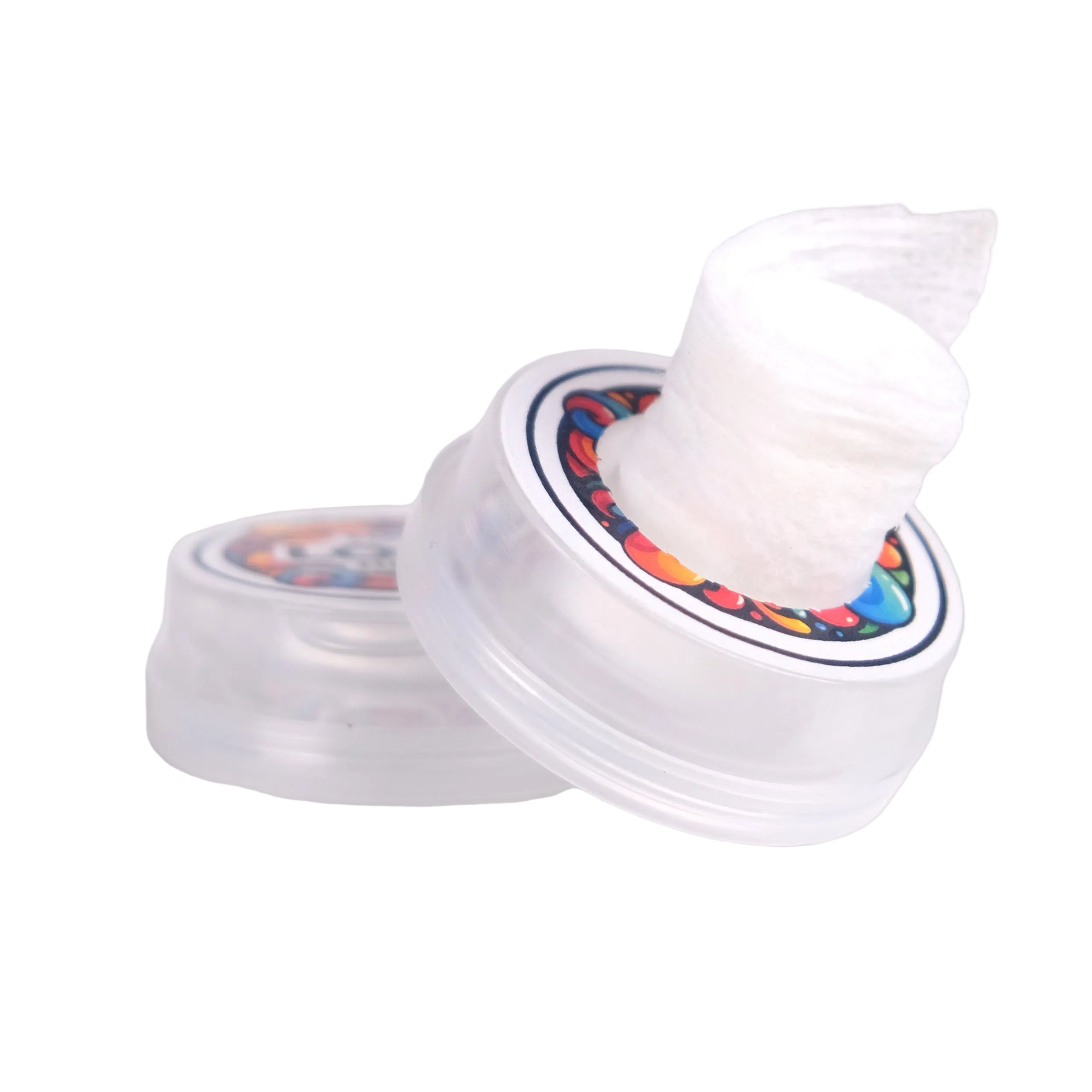 Colorful butterfly-shaped container with a white lid on a light gray background