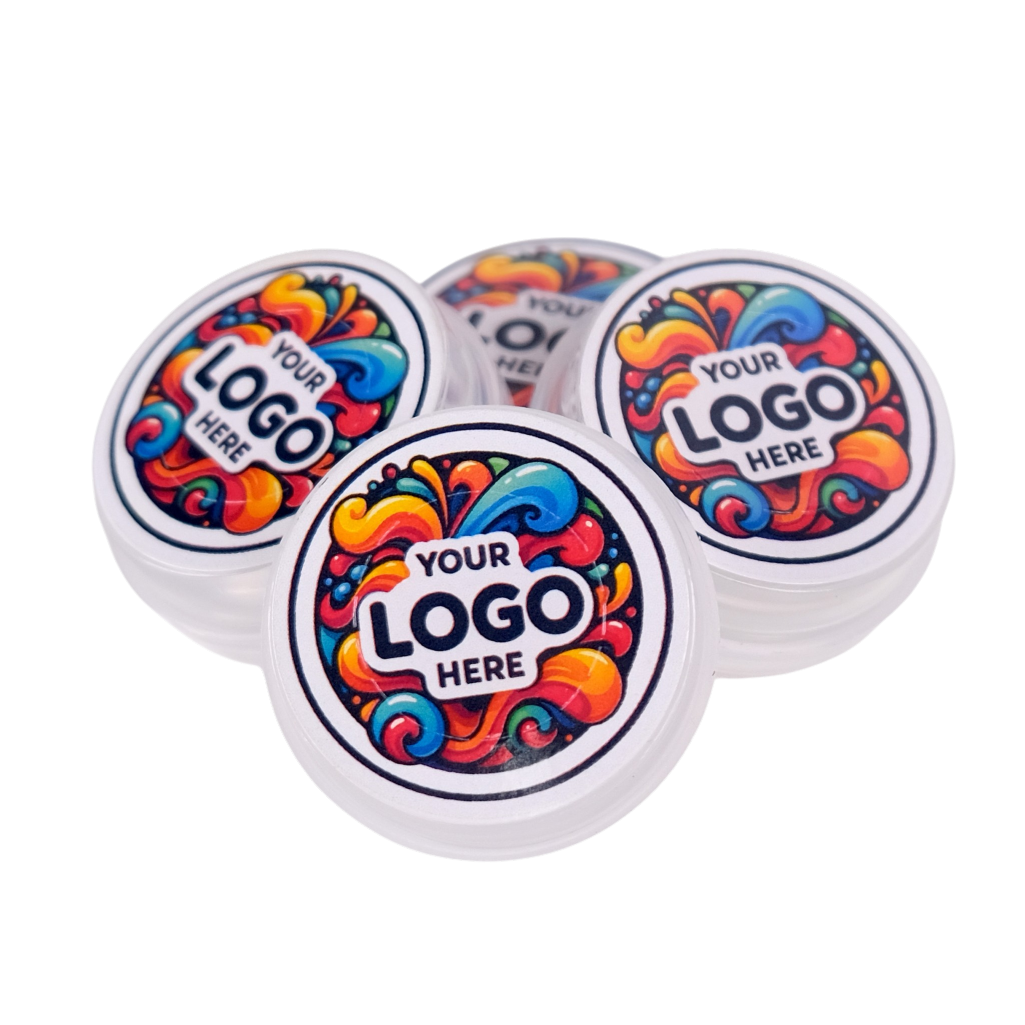Four round containers with colorful designs and 'Your Logo Here' text on a white background