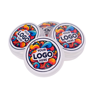 Four round containers with colorful designs and 'Your Logo Here' text on a white background