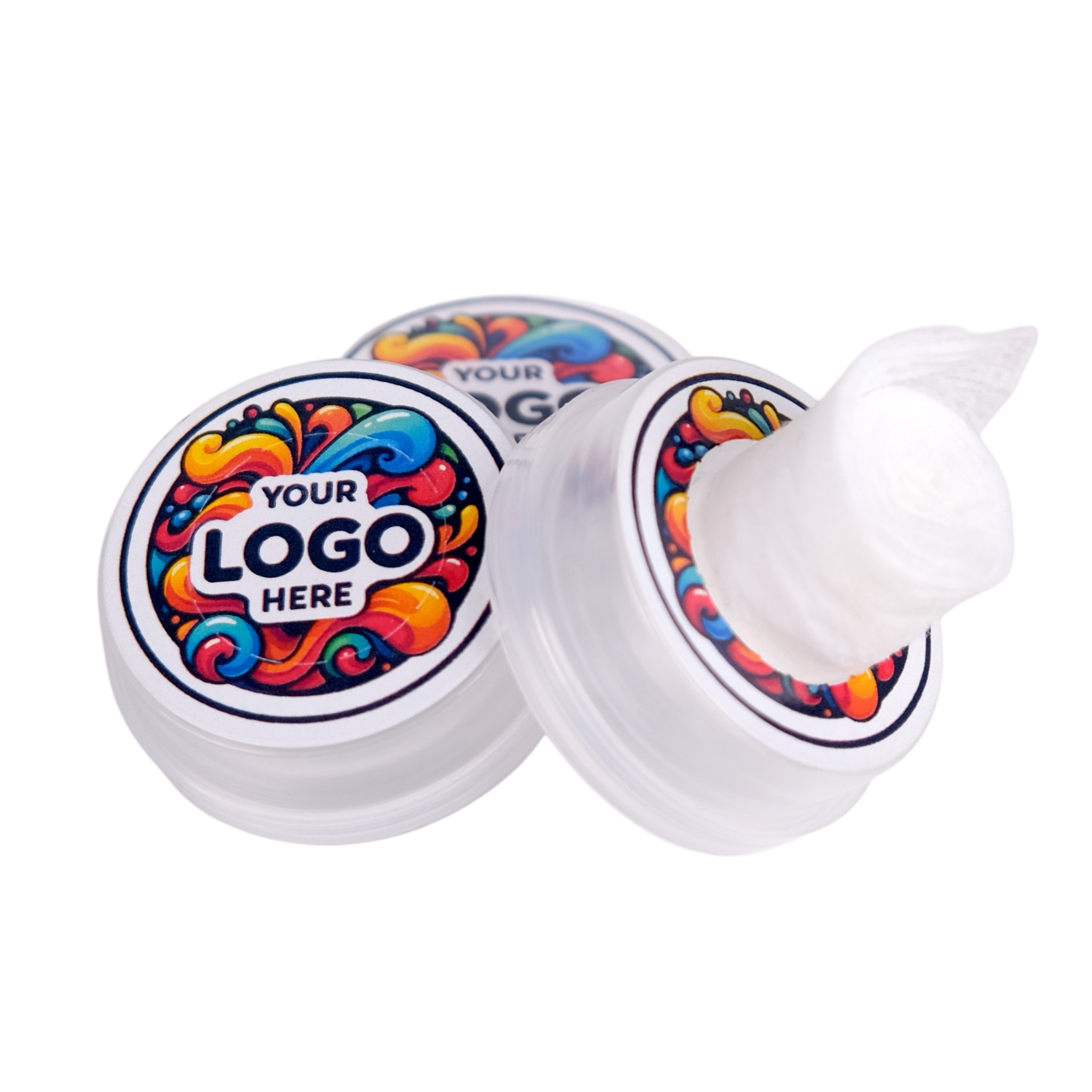 Two white containers with colorful labels and a customizable logo area on a white background.