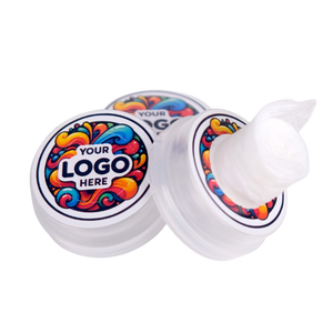 Two white containers with colorful labels and a customizable logo area on a white background.