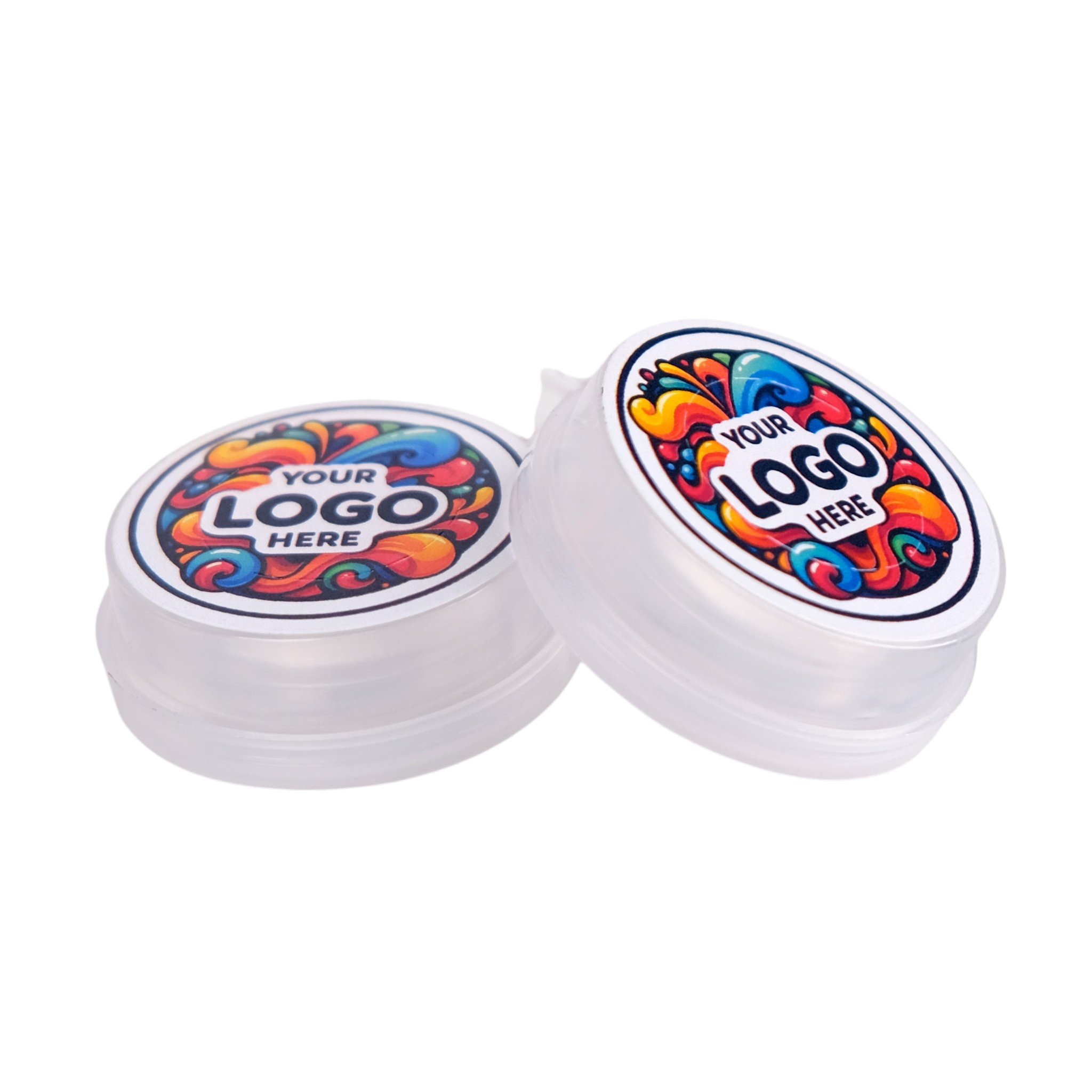 Two containers with colorful logo designs on a white background