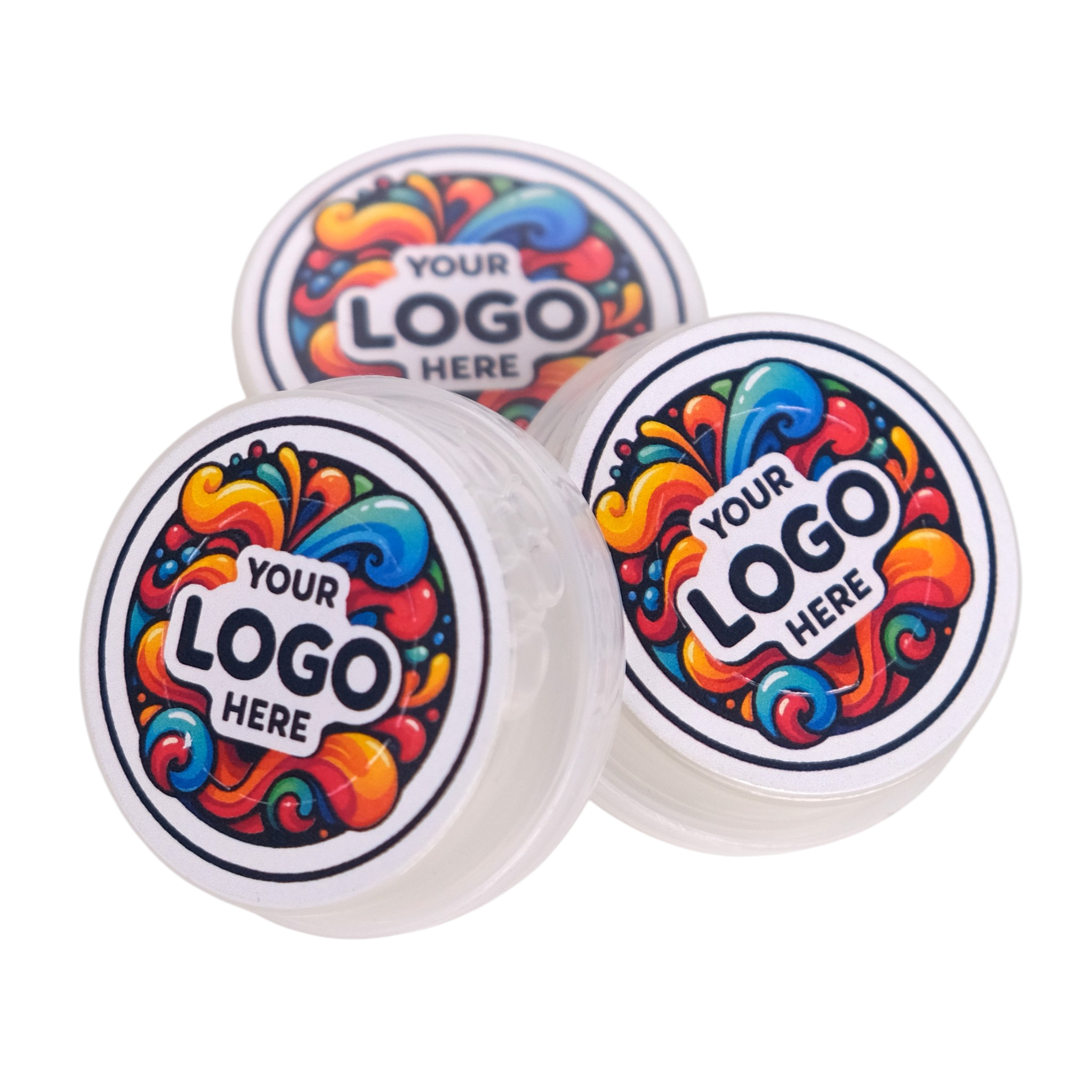 Three circular objects with colorful designs and 'Your Logo Here' text on a white background