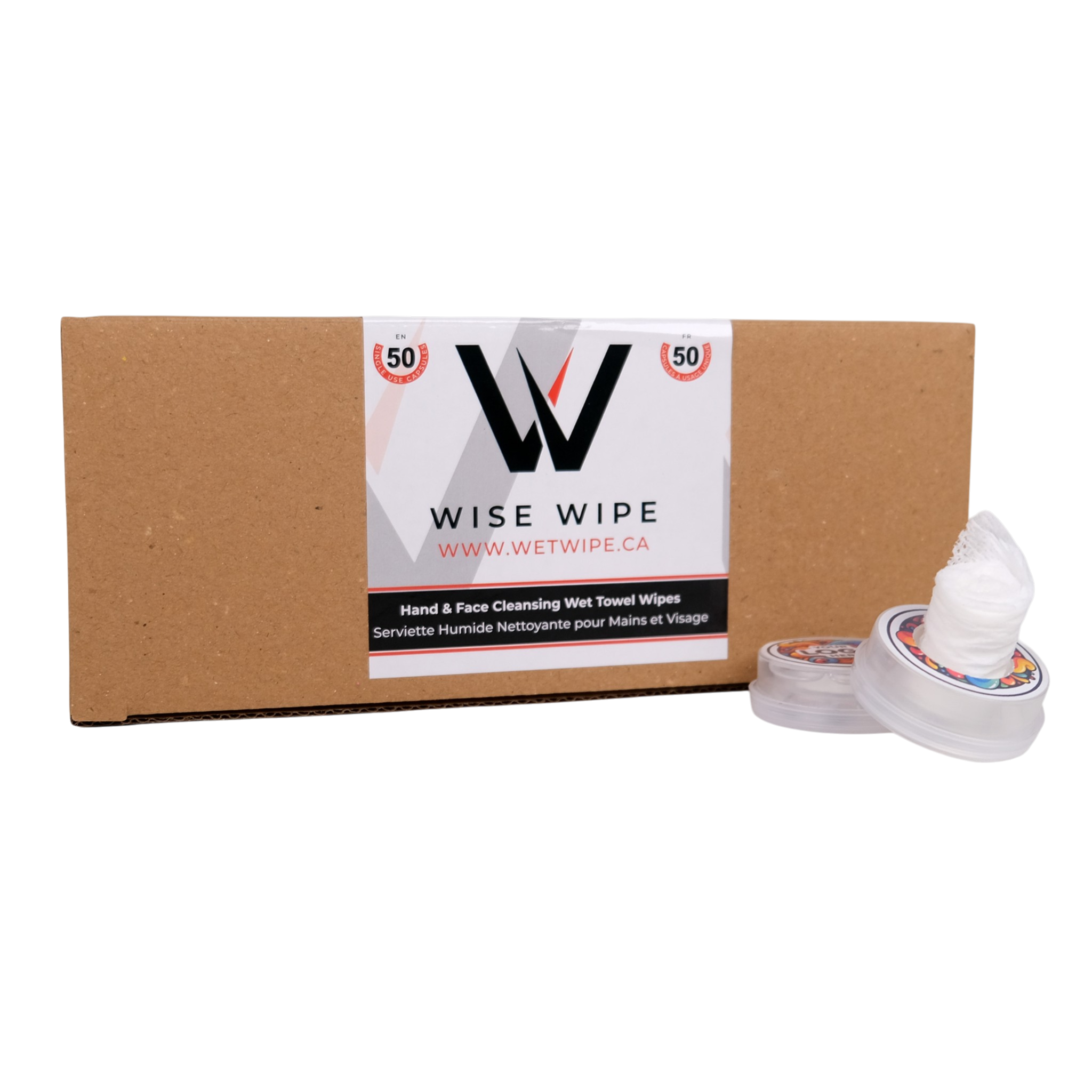 Box of Wise Wipe hand and face cleaning wet wipes with two individual wipes on a white background