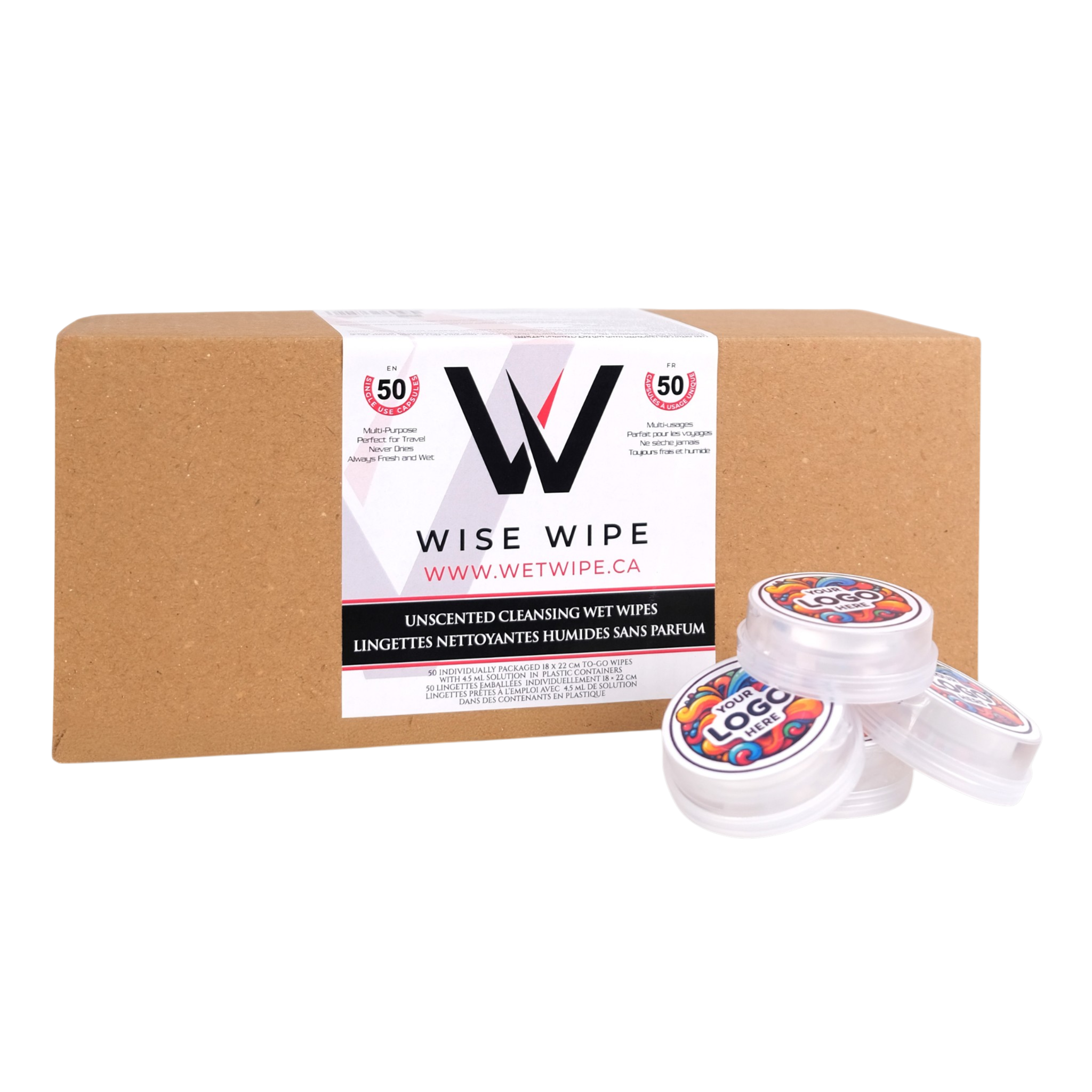 Box of Wise Wipe unscented cleansing wet wipes with a container on a white background