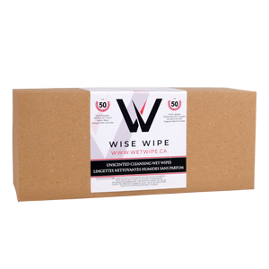 Box of Wise Wipe unscented cleansing wet wipes on a white background