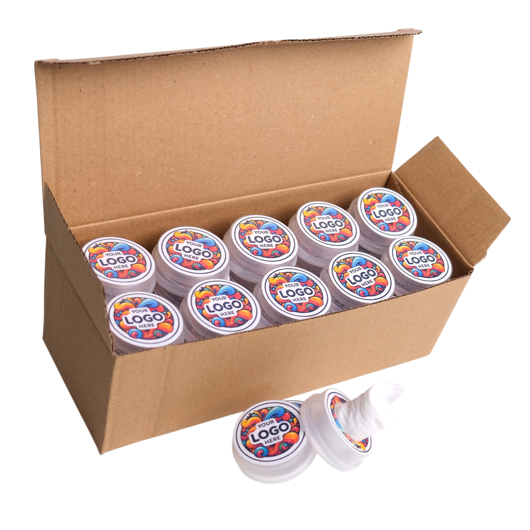 Box of containers with colorful logo labels on a white background