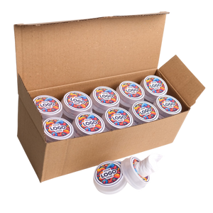Box of containers with colorful logo labels on a white background
