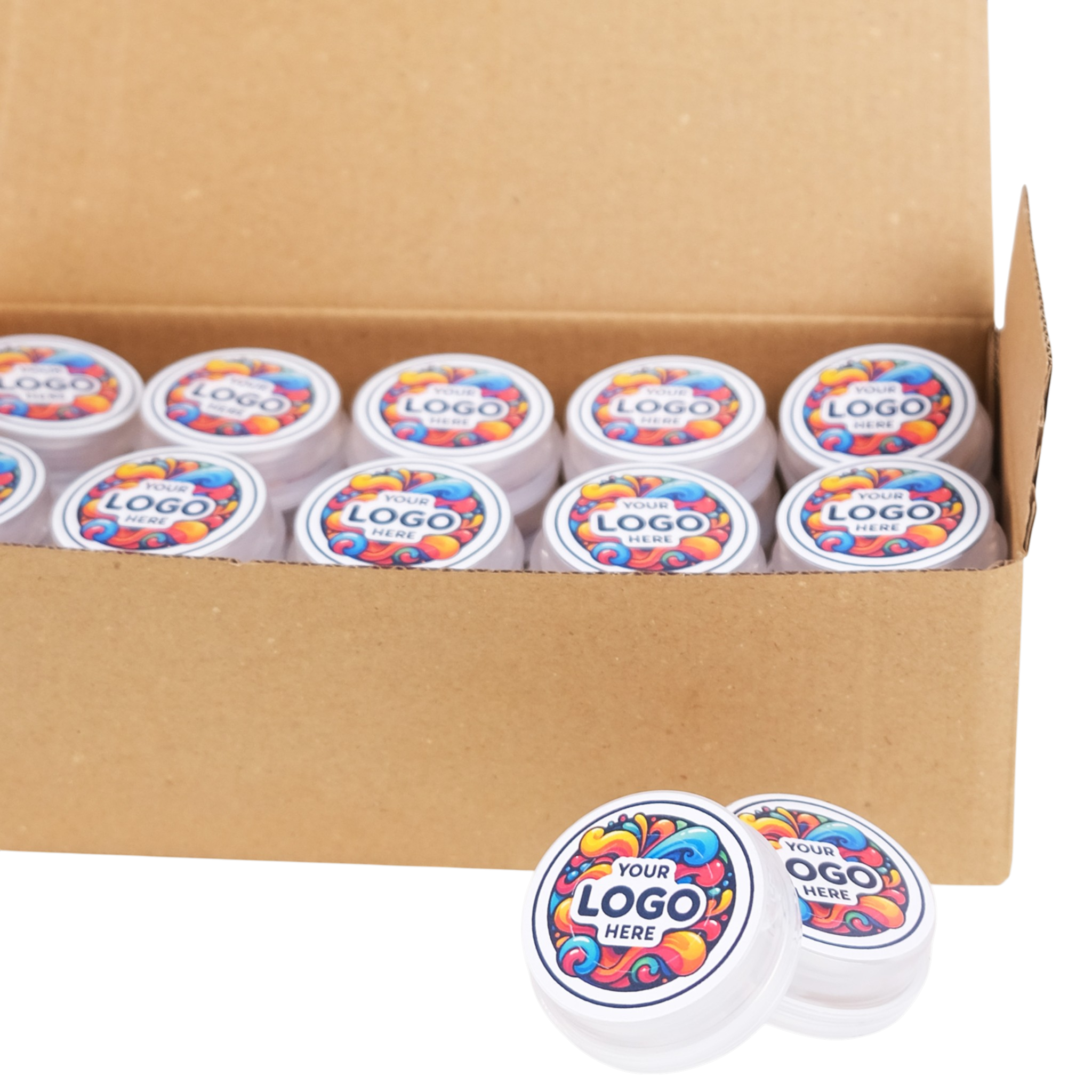 Carton of labeled containers with customizable logo space.