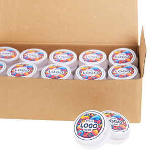 Carton of labeled containers with customizable logo space.