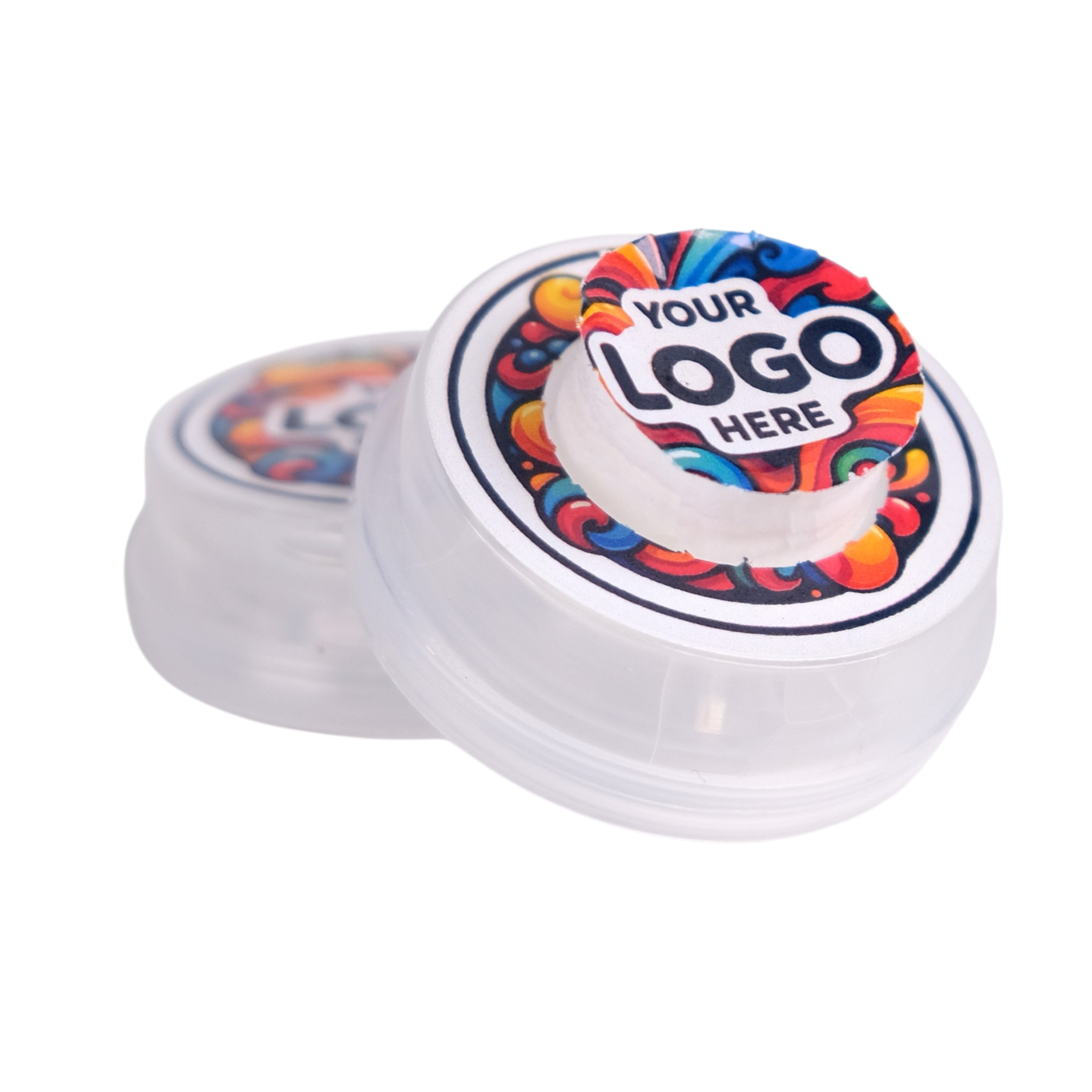 Clear container with colorful lid featuring a customizable logo area on a white background