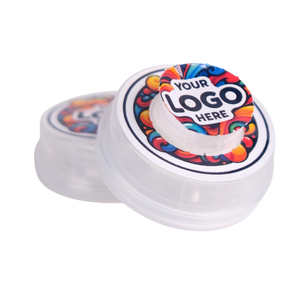 Clear container with colorful lid featuring a customizable logo area on a white background