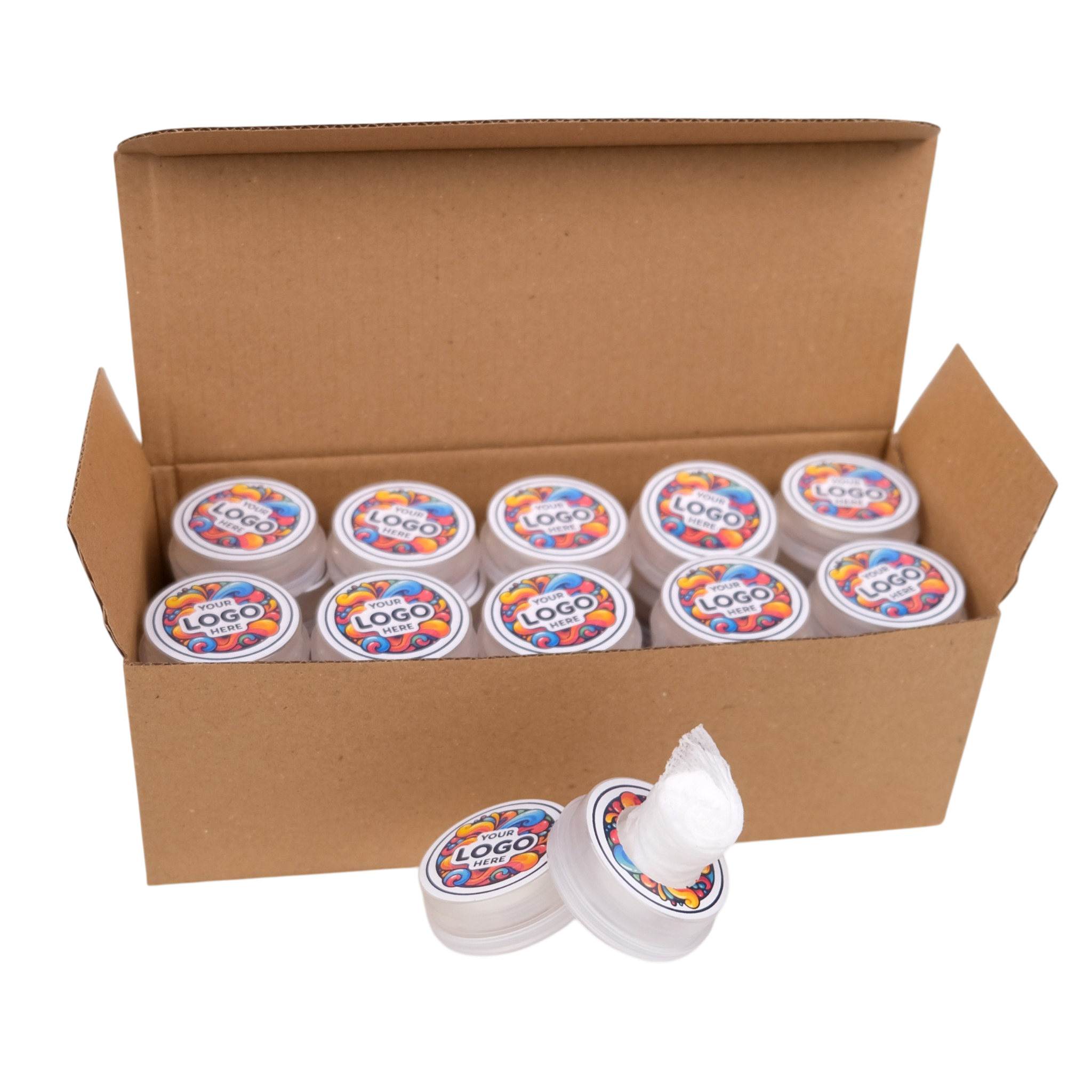 Box of white containers with colorful logos on a white background
